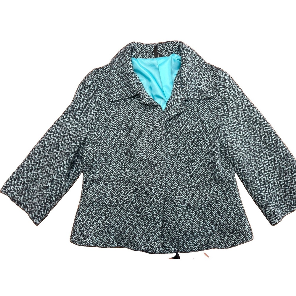 Ambition Blazer Jacket XL Tweed Blue Black Lined Wool Blend Button Front